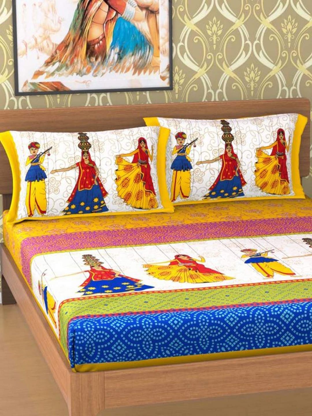 Rajasthanikart Yellow Ethnic Motifs Cotton 110 TC Queen Bedsheet with 2 Pillow Covers - Distacart