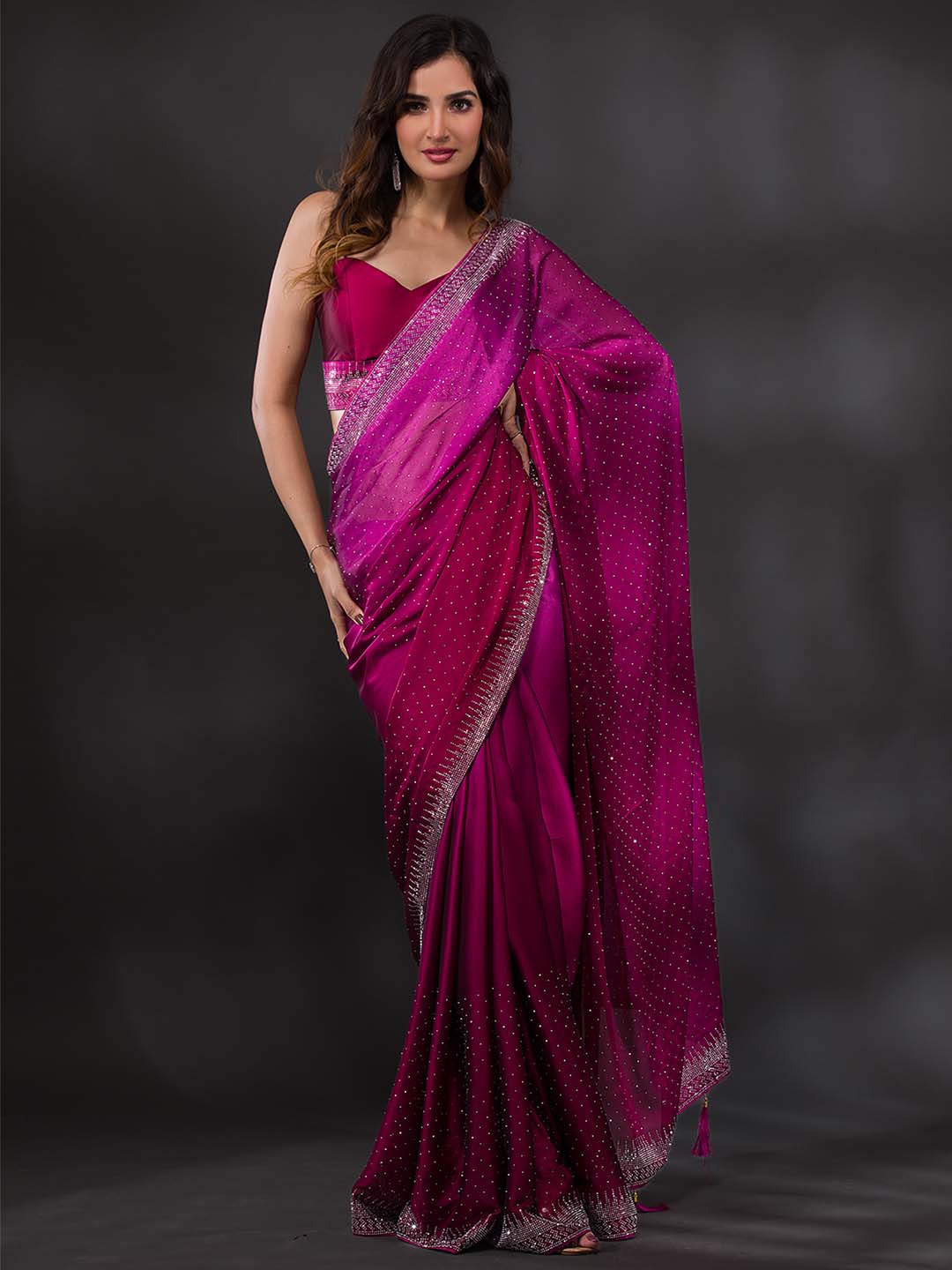 Koskii Women Maroon & Silver-Toned Beads and Stones Embellished Saree - Distacart