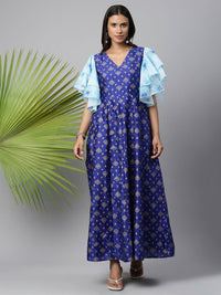 Thumbnail for Ahalyaa Women Royal Blue Poly Silk Gold Paste Printed Dress - Distacart