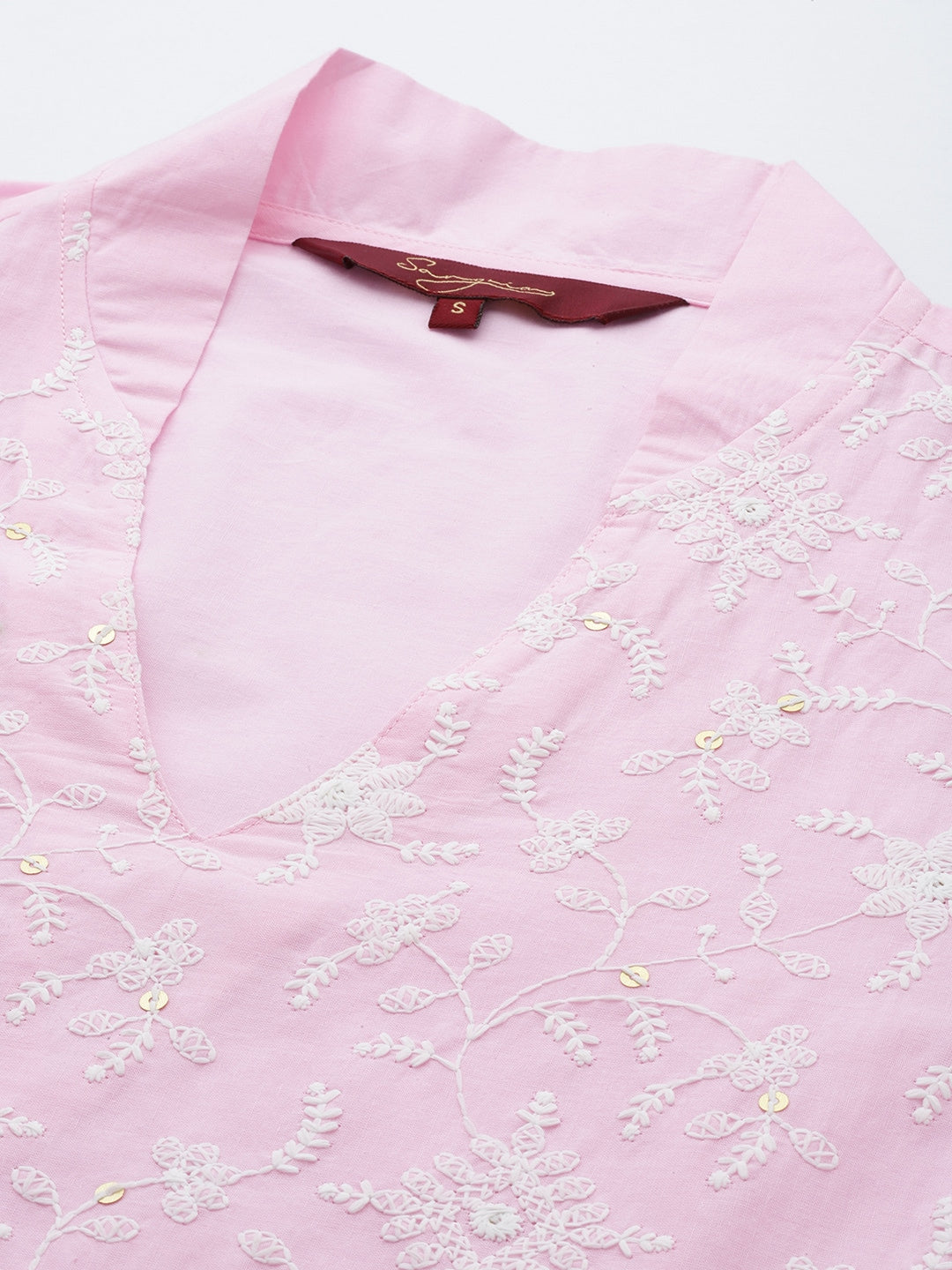 Sangria Floral Embroidered Puff Sleeves Cotton Kurta - Distacart
