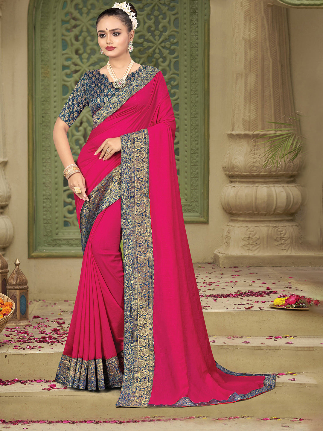 Kalini Pink & Teal Woven Design Zari Kanjeevaram Saree - Distacart
