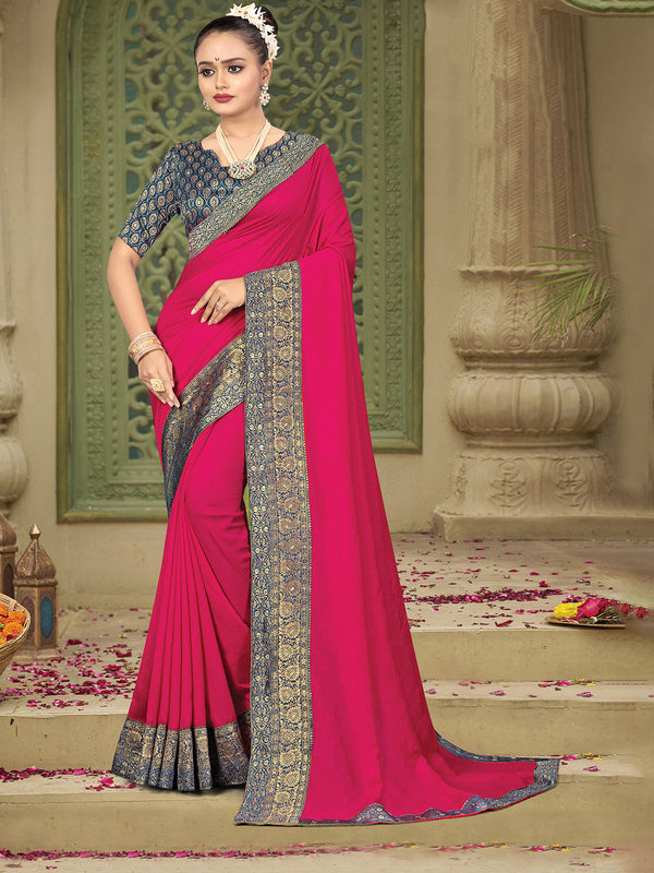 Kalini Pink & Teal Woven Design Zari Kanjeevaram Saree - Distacart
