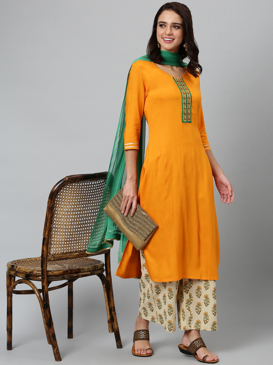 Khushal K Women Mustard Yellow Printed Yoke Design Regular Kurta with Palazzos & Dupatta - Distacart