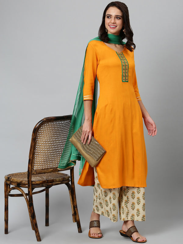 Khushal K Women Mustard Yellow Printed Yoke Design Regular Kurta with Palazzos & Dupatta - Distacart