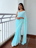 Thumbnail for Mitera Blue Embellished Sequinned Saree - Distacart