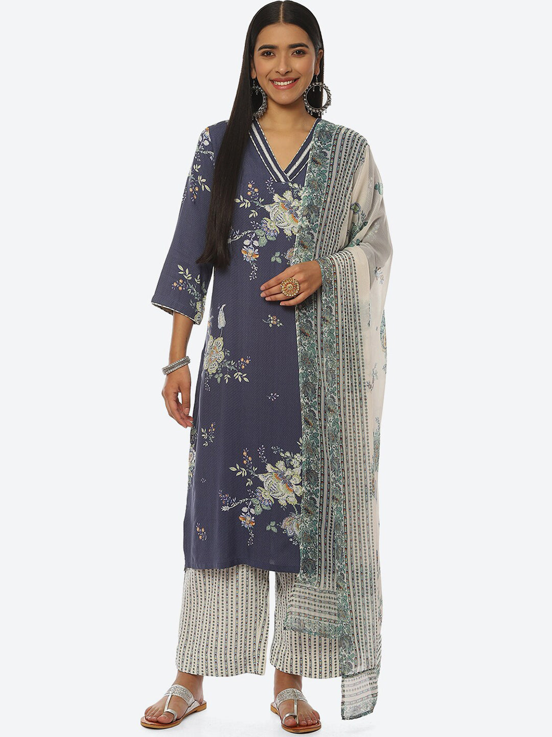 Biba Women Floral Printed V-Neck Kurta with Palazzos - Distacart