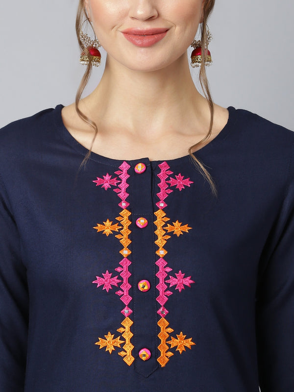 Khushal K Women Navy Blue & Red Yoke Design Viscose Rayon Kurta with Palazzos - Distacart