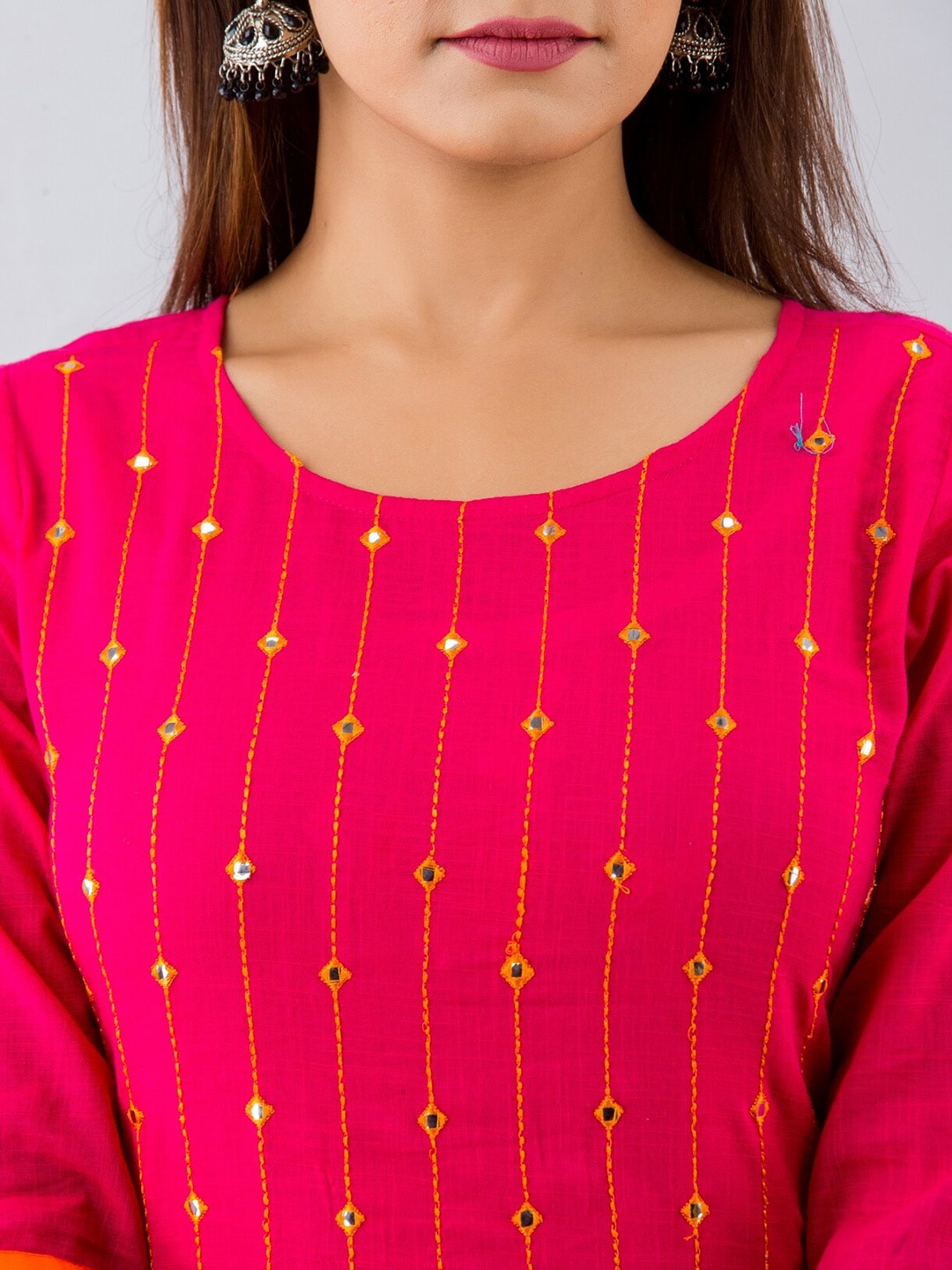 HERE&NOW Pink & White Geometric Embroidered Mirror Work Kurta with Palazzos - Distacart