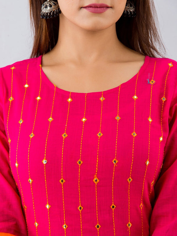 HERE&NOW Pink & White Geometric Embroidered Mirror Work Kurta with Palazzos - Distacart