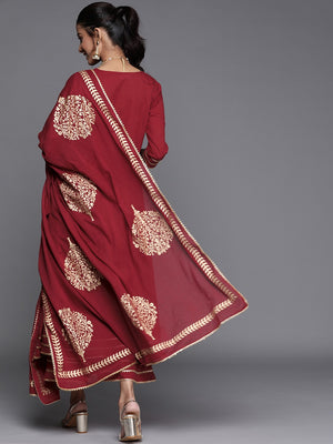 Libas Maroon Angrakha Pure Cotton Kurta with Palazzos & With Dupatta - Distacart
