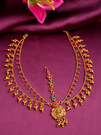 Thumbnail for Yellow Chimes Gold-Plated Pink & Green Stone Studded Ghungroo Beaded Mathapatti - Distacart