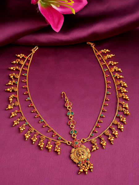 Yellow Chimes Gold-Plated Pink & Green Stone Studded Ghungroo Beaded Mathapatti - Distacart
