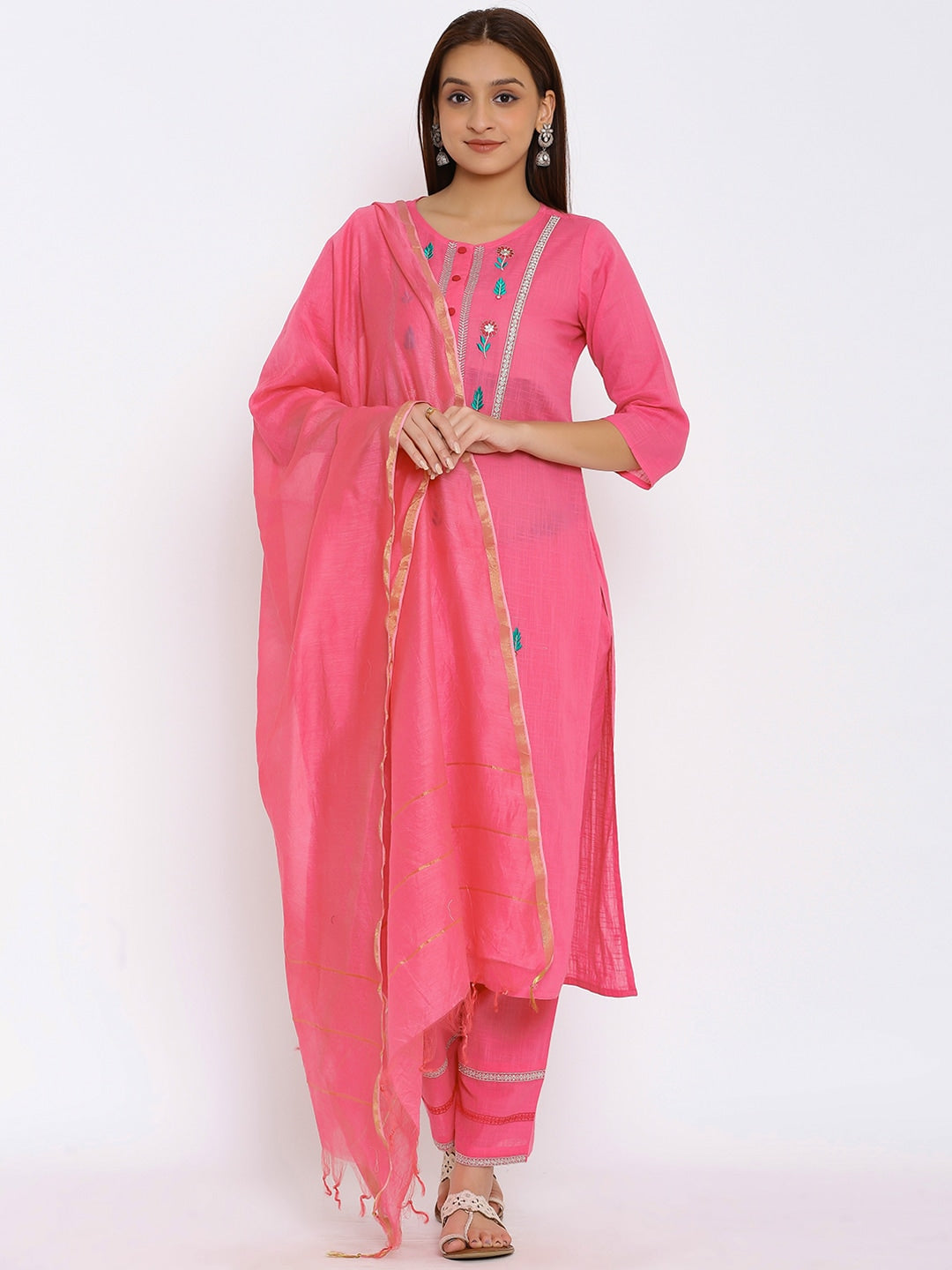 HERE&NOW Pink & Green Floral Embroidered Zari Work Kurta with Palazzos & Dupatta - Distacart