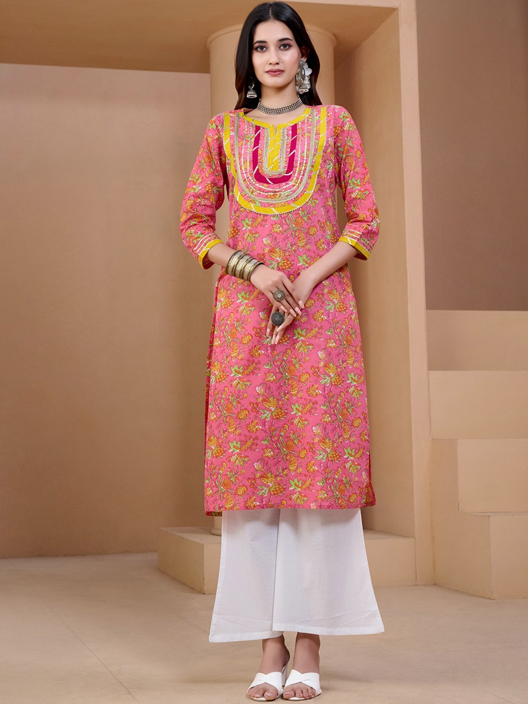 Sangria Floral Printed With Gota Patti Work Pure Cotton Straight Kurta - Distacart