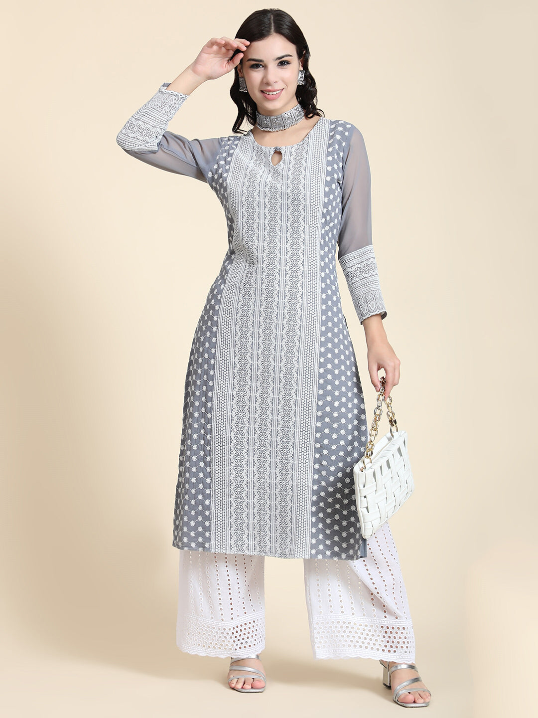 Kalini Women Grey Floral Embroidered Keyhole Neck Thread Work Floral Georgette Kurta - Distacart