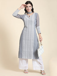 Thumbnail for Kalini Women Grey Floral Embroidered Keyhole Neck Thread Work Floral Georgette Kurta - Distacart