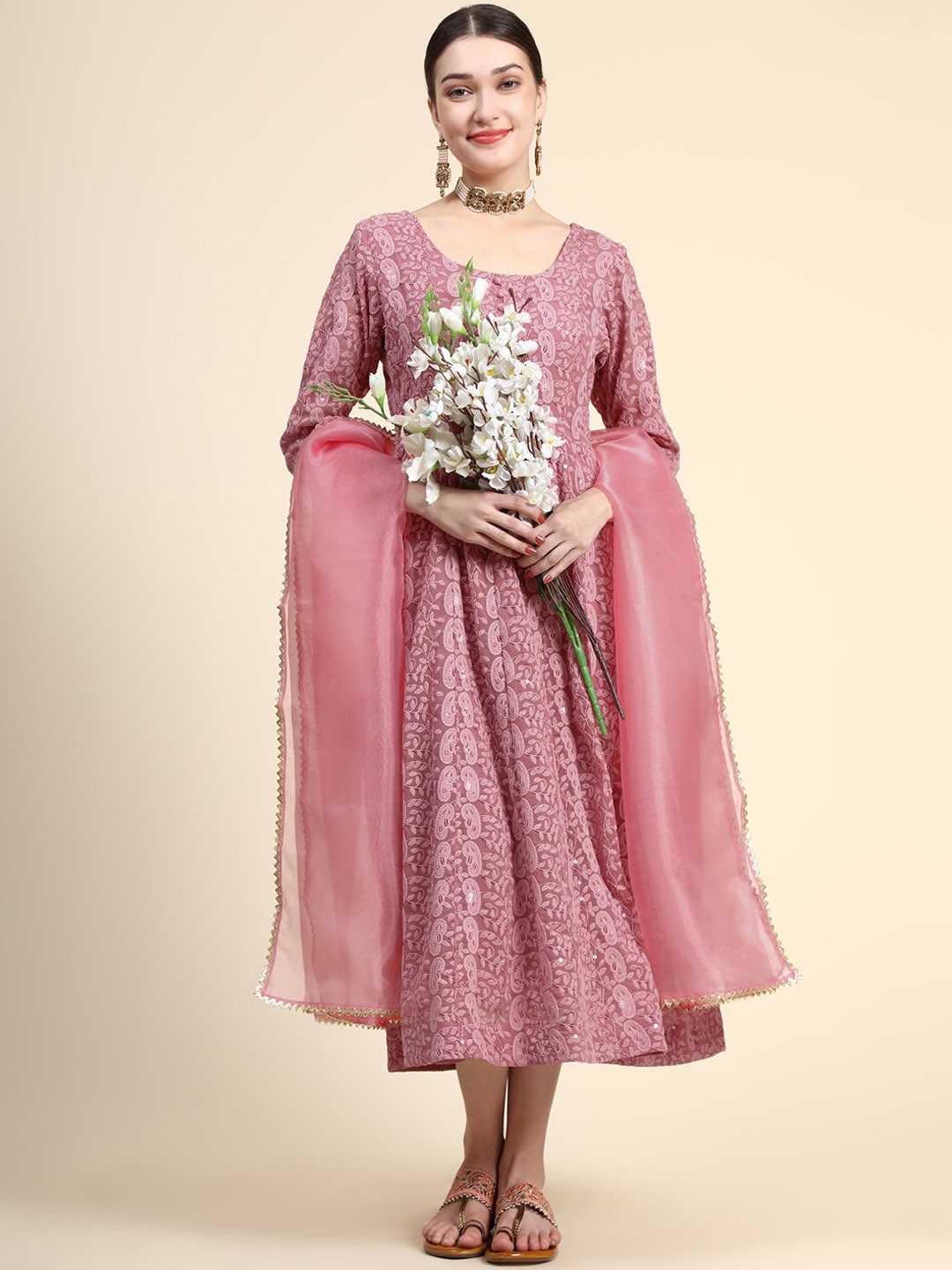 Kalini Paisley Embroidered Chikankari Georgette Anarkali Kurta With Dupatta Set - Distacart