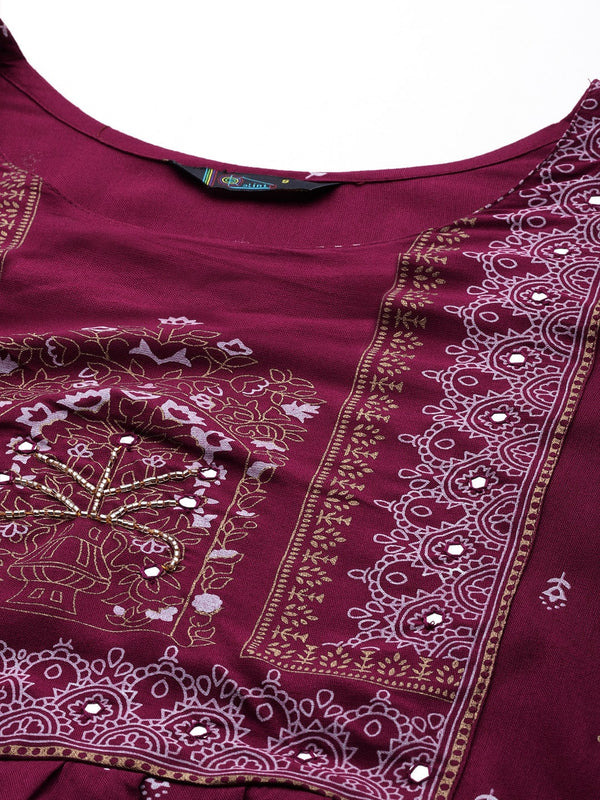 Kalini Ethnic Motifs Printed High Slit Mirror Work Kurta - Distacart