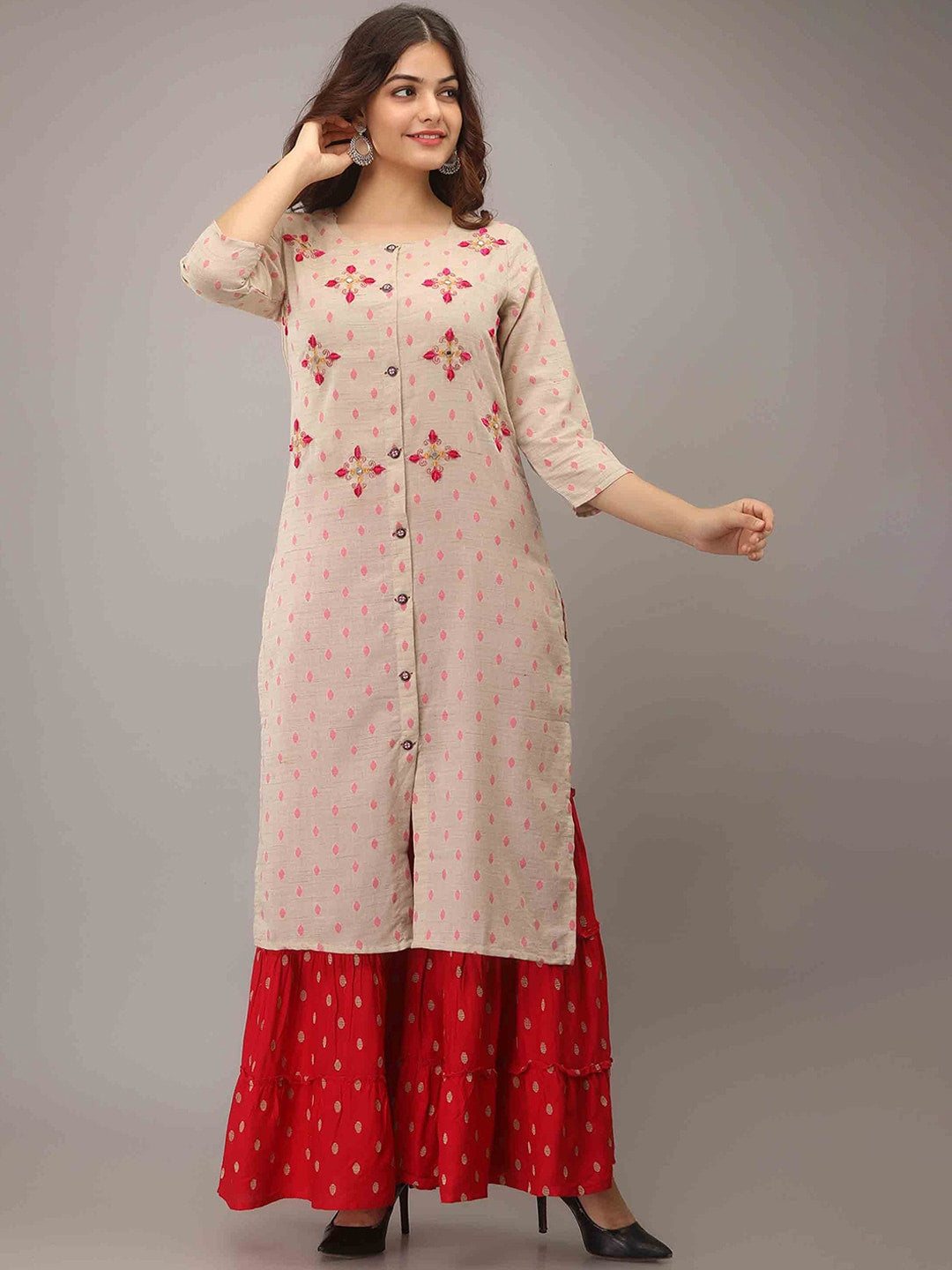 Kalini Women Cream-Coloured Embroidered High Slit Mirror Work Pure Cotton Kurti with Sharara - Distacart