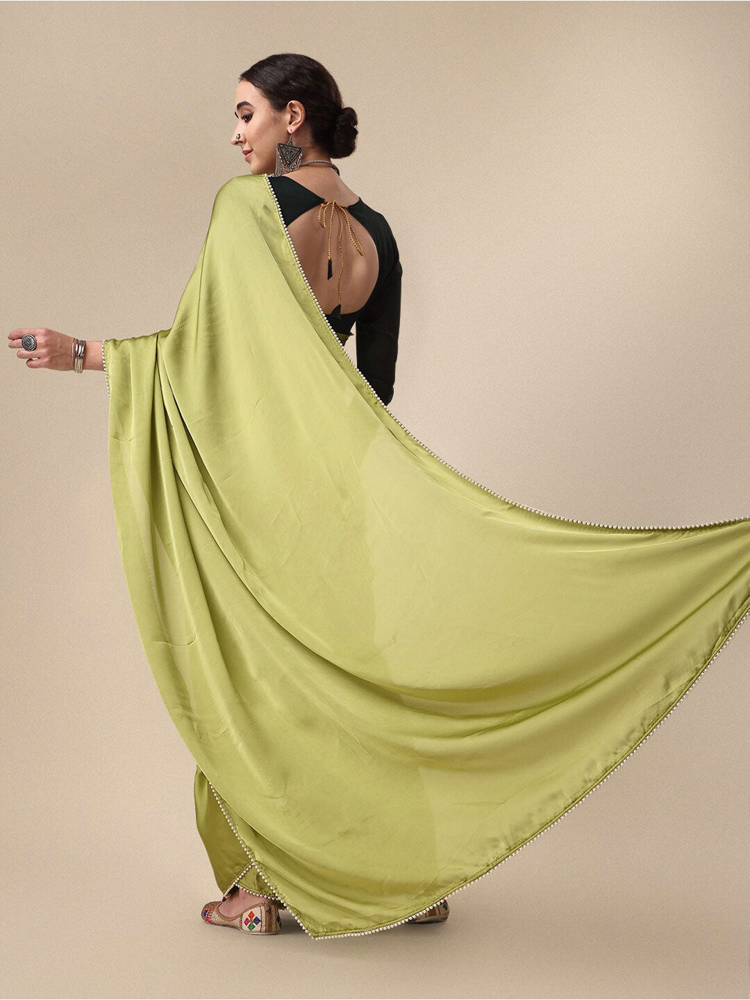 Sangria Olive Green Satin Saree With Beads Embelished Border - Distacart