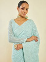 Thumbnail for Soch Turquoise Blue Floral Embroidered Saree - Distacart