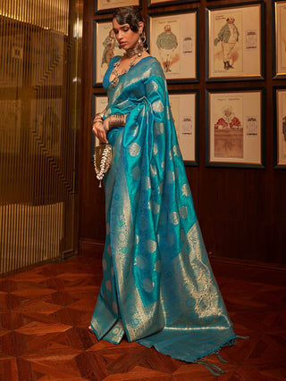 Mitera Blue & Gold-Toned Woven Design Zari Silk Blend Banarasi Saree - Distacart