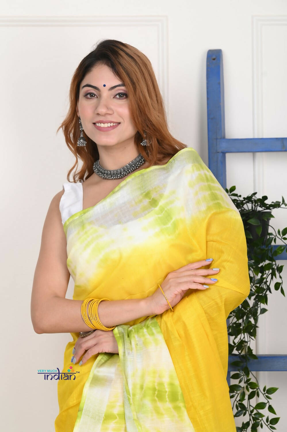 Very Much Indian Handmade Tie And Dye Cotton Saree By Women Weavers - Lime Yellow - Distacart