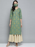 Thumbnail for HERE&NOW Women Green & Golden Printed Straight Kurta - Distacart
