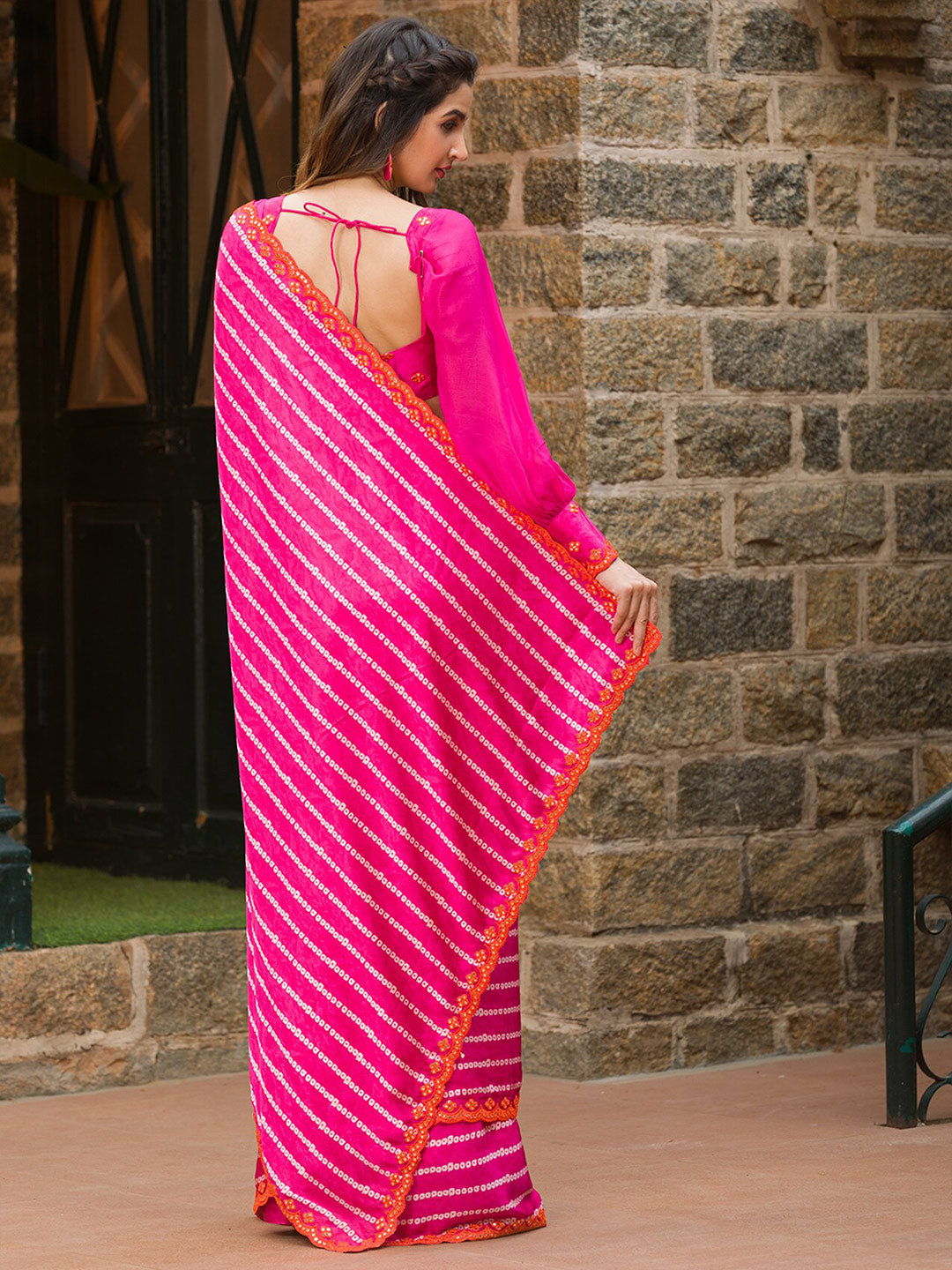 Koskii Mirror Work Embroidered Satin Bandhani Saree - Distacart