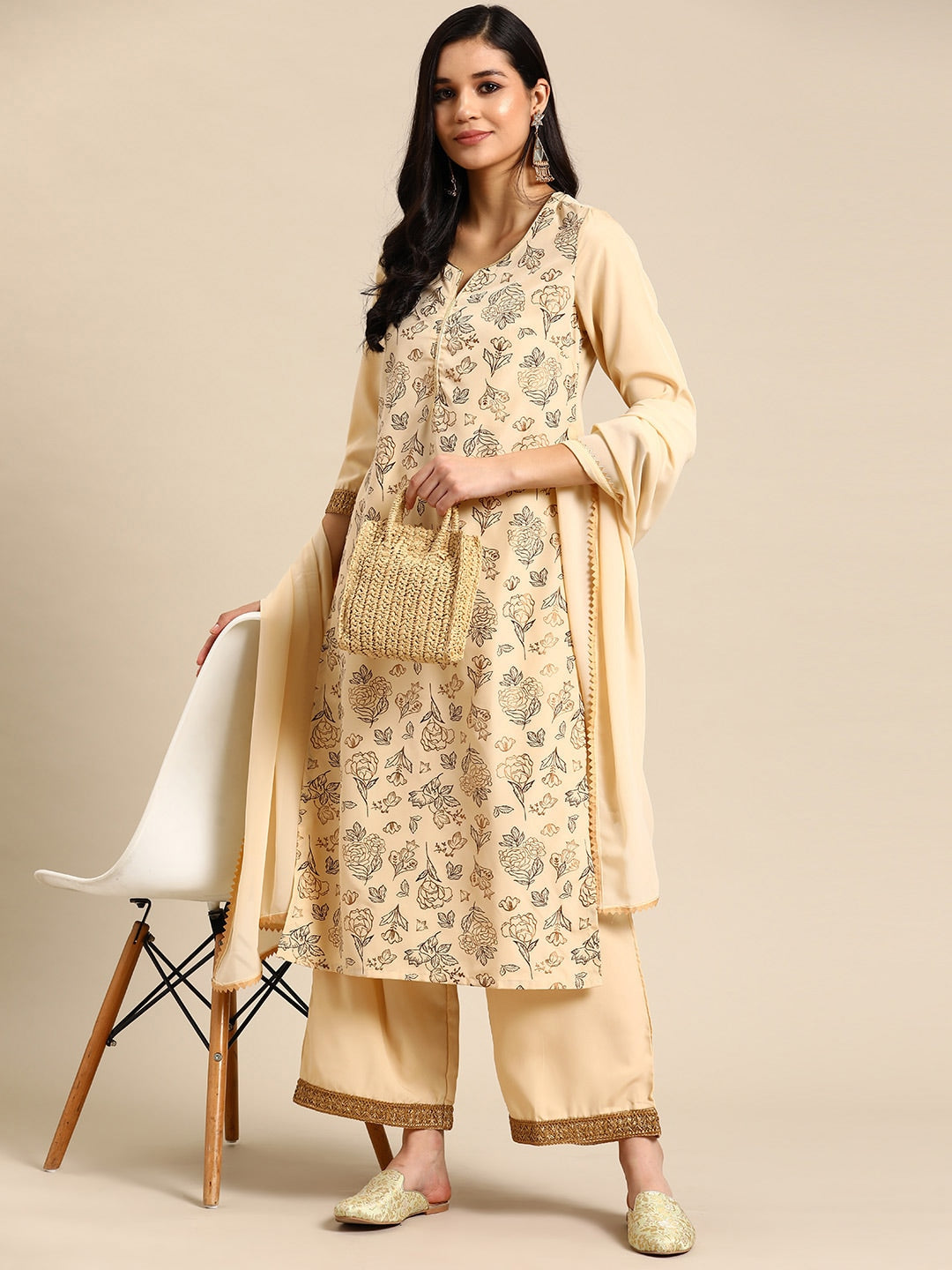Sangria Floral Printed Lace Detail Kurta with Palazzos & Dupatta - Distacart