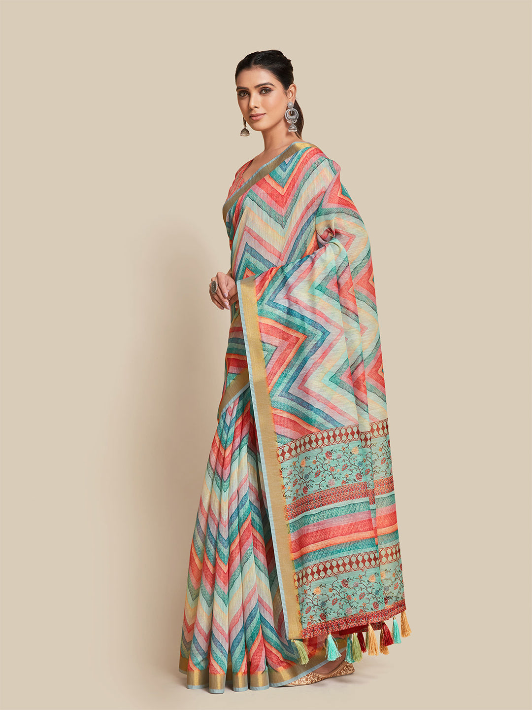 Sangria Teal & Pink Zari Saree - Distacart