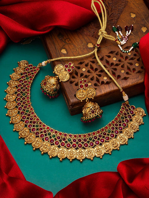 Aadita Gold-Plated &amp; Pink Stone Studded Handcrafted Jewellery Set - Distacart