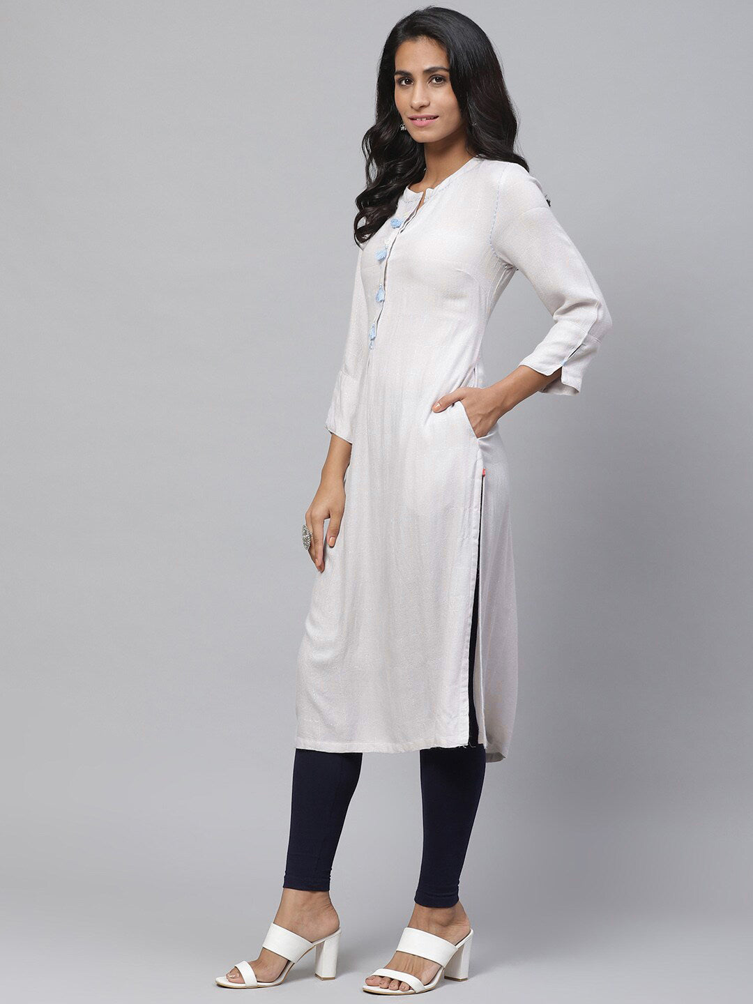 Biba Women Off-White & Silver Checked Straight Kurta - Distacart