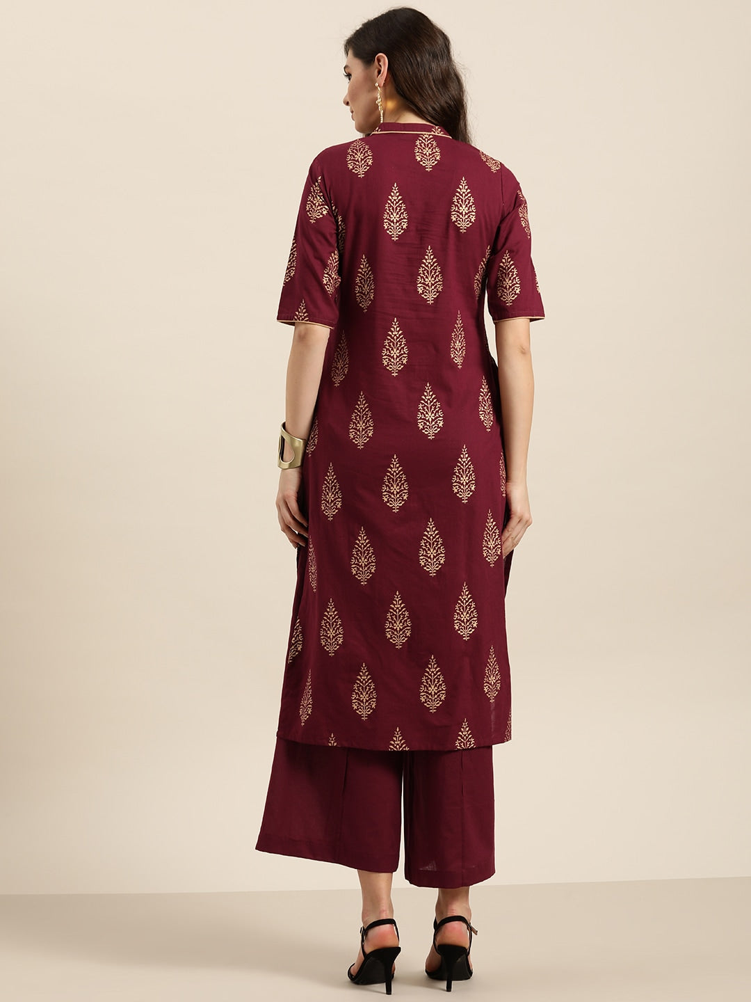 Sangria Women Maroon & Golden Pure Cotton Printed Kurta with Palazzos - Distacart