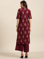 Thumbnail for Sangria Women Maroon & Golden Pure Cotton Printed Kurta with Palazzos - Distacart