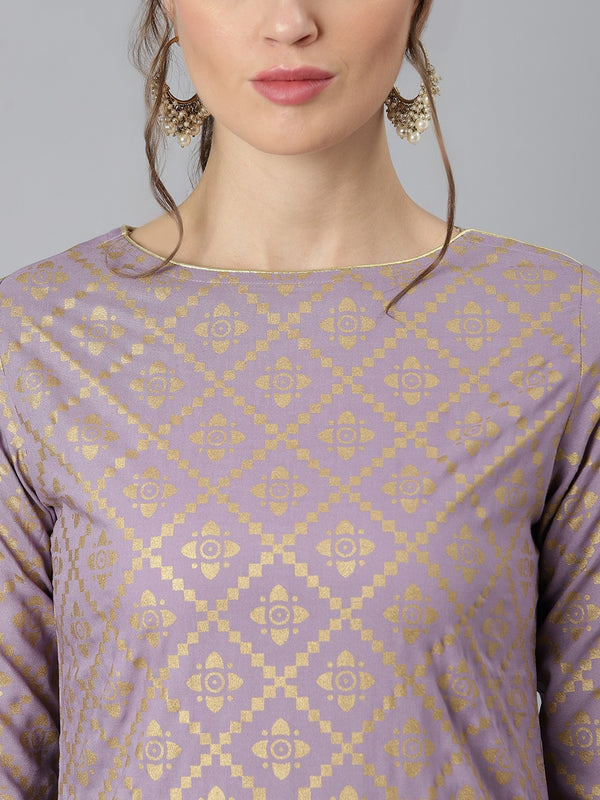 Khushal K Women Purple & Gold-Toned Printed Kurta with Trousers & Dupatta - Distacart