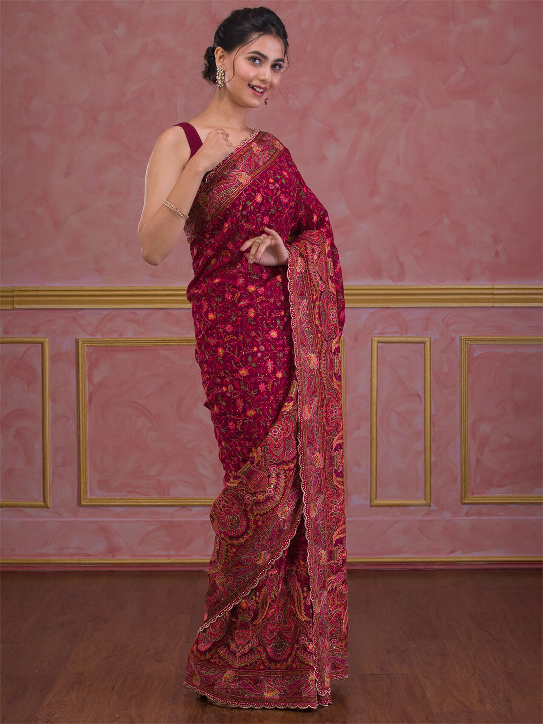 Koskii Ethnic Motifs Embroidered Poly Georgette Saree - Distacart