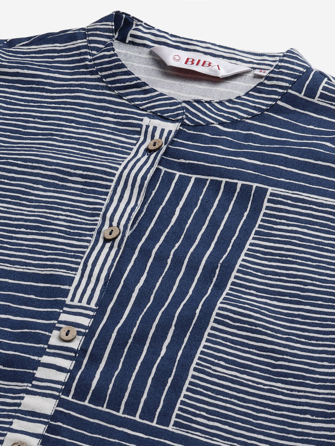 Biba Women Navy Blue & White Striped Kurta with Trousers - Distacart