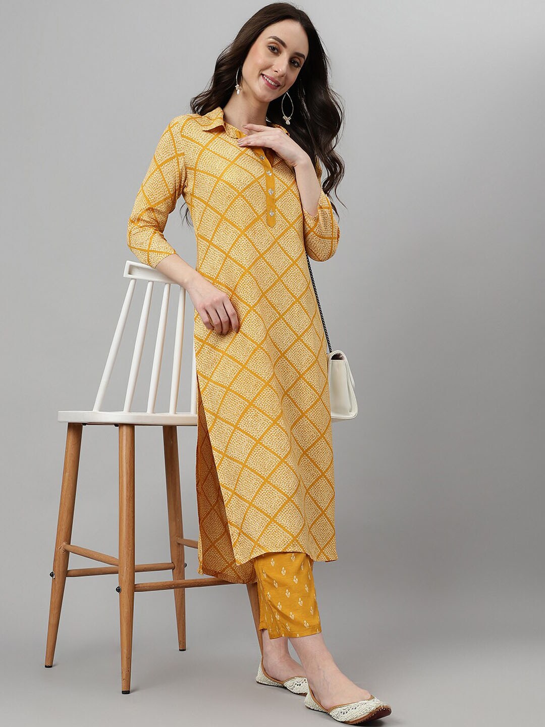Khushal K Bandhani Printed Shirt Collar Kurta with Palazzos - Distacart