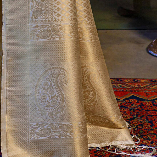 Mitera Cream-Coloured & Gold-Toned Ethnic Motifs Zari Silk Blend Kanjeevaram Saree - Distacart