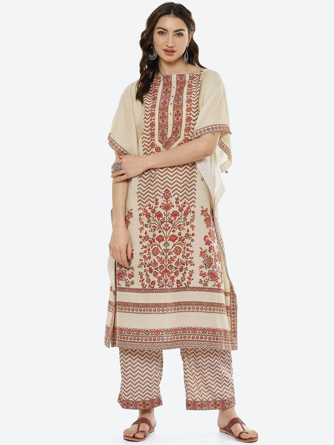 Biba Women Beige Ethnic Motifs Printed Kaftan Kurta Set - Distacart
