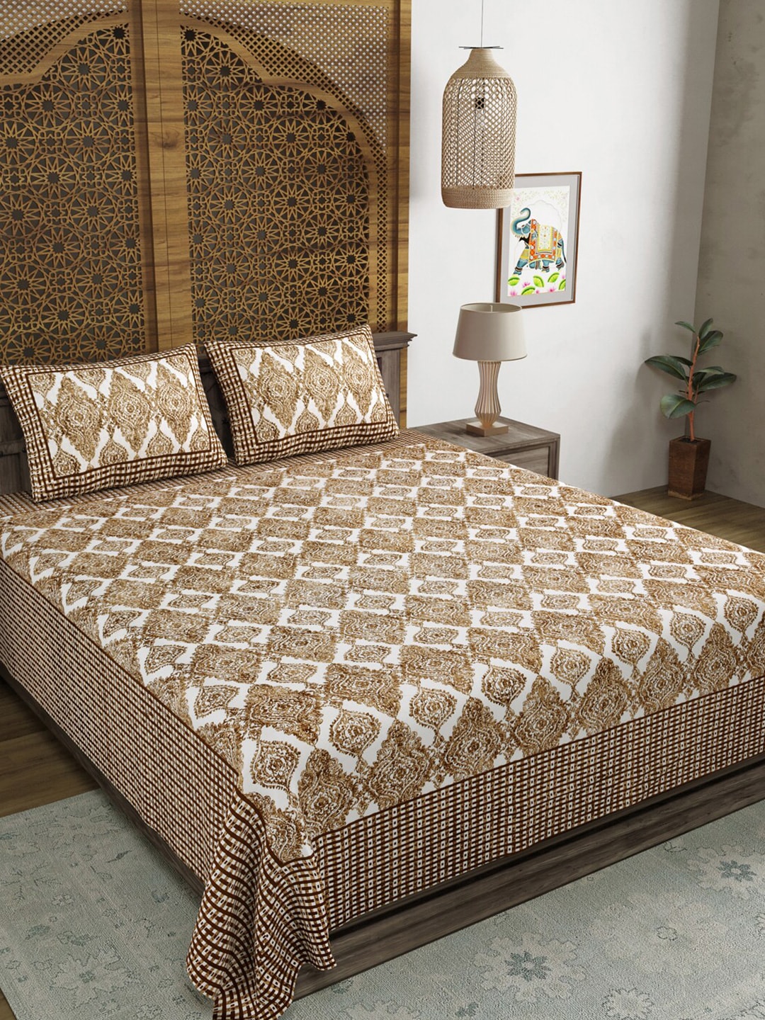 Sangria Brown & White Printed Cotton 210TC Double King Bedsheet With 2 Pillow Covers - Distacart