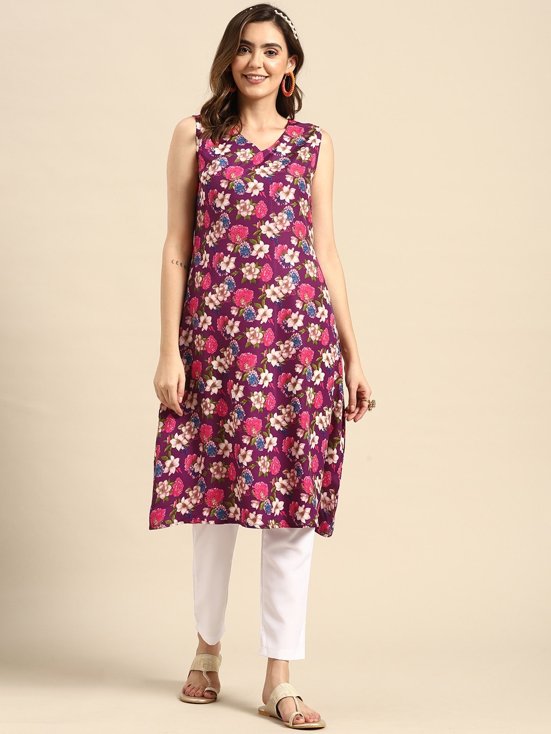 Sangria Women Floral Printed A-Line Sleeveless Kurta - Distacart