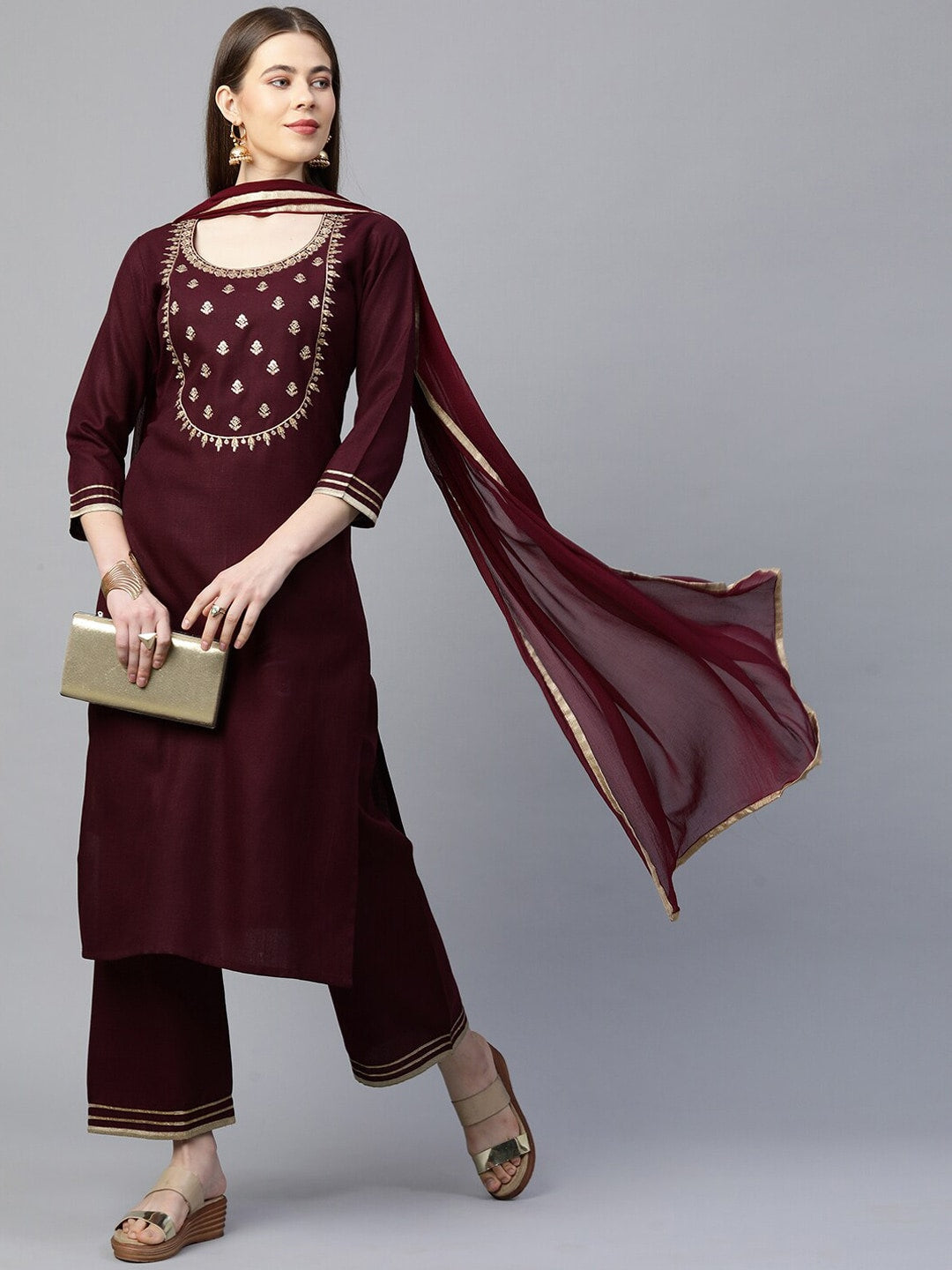 Kalini Women Maroon Embroidered Gotta Patti Kurta with Palazzos & With Dupatta - Distacart