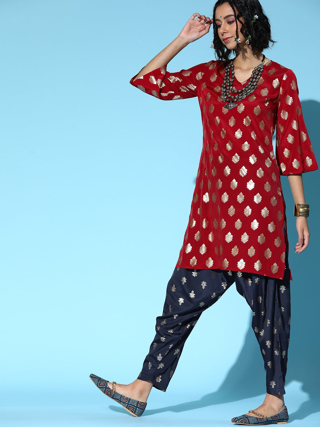 Sangria Ethnic Motifs Polyester Kurta Set - Distacart