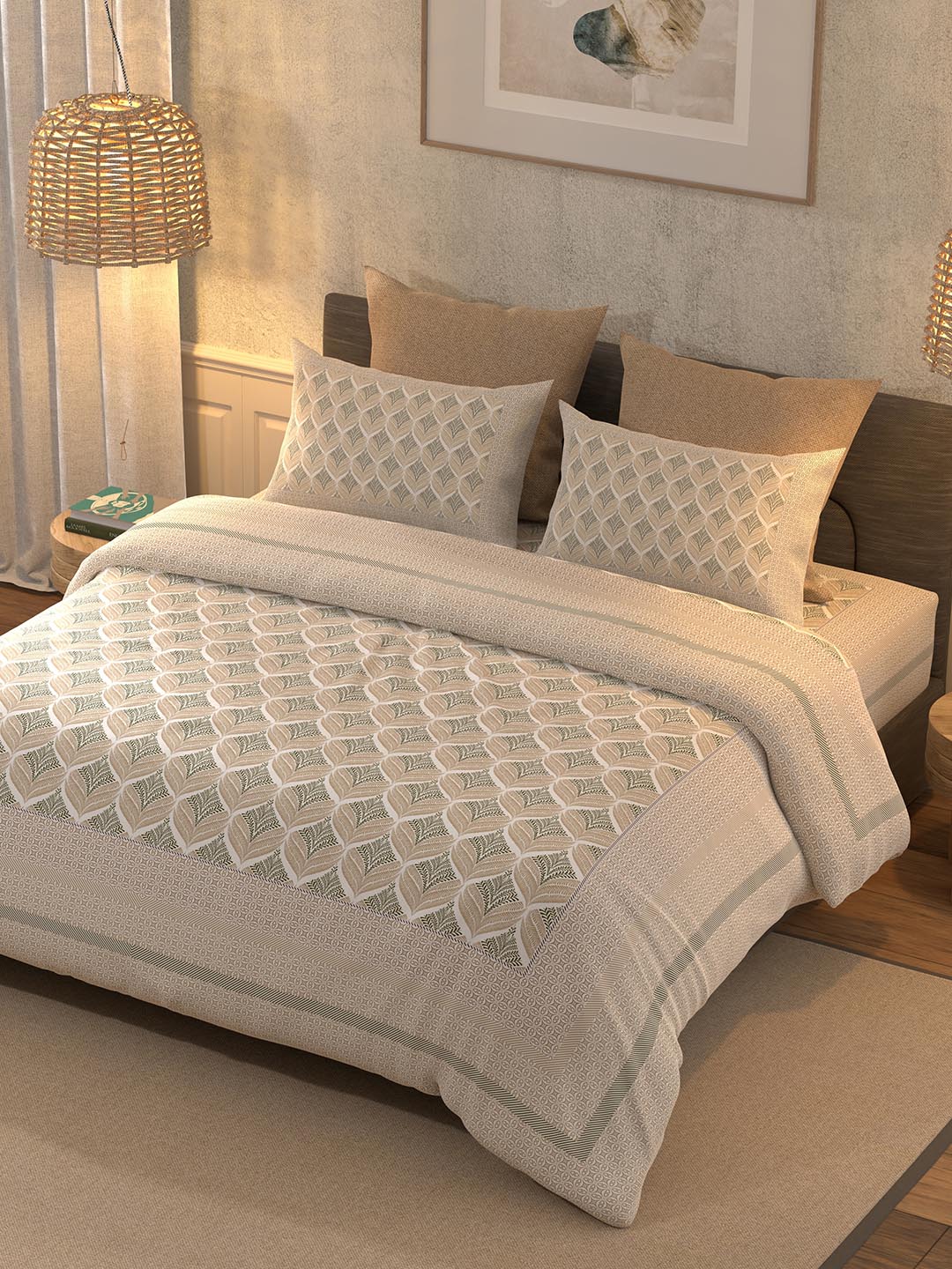 BELLA CASA Beige & Off White Ethnic Motifs 350 TC King Bedsheet with 2 Pillow Covers - Distacart