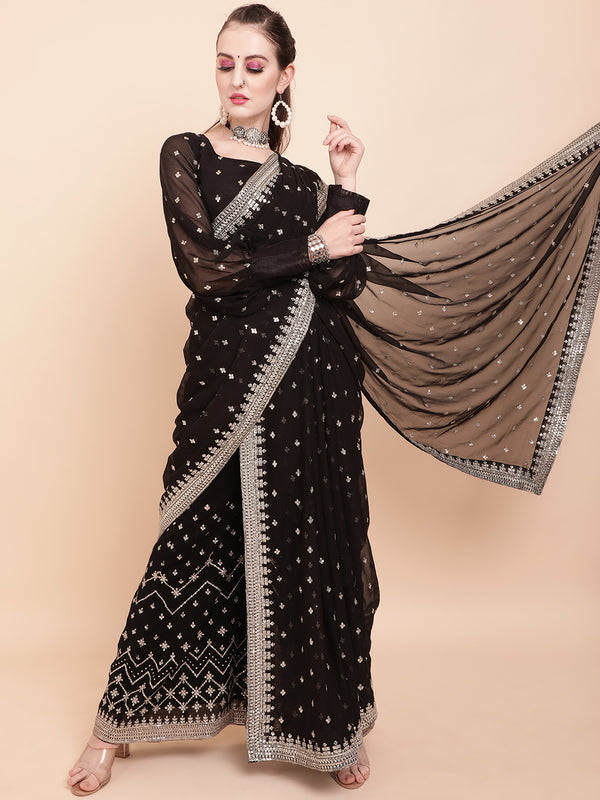 Sangria Black & White Embellished Sequinned Pure Georgette Palazoo Saree - Distacart