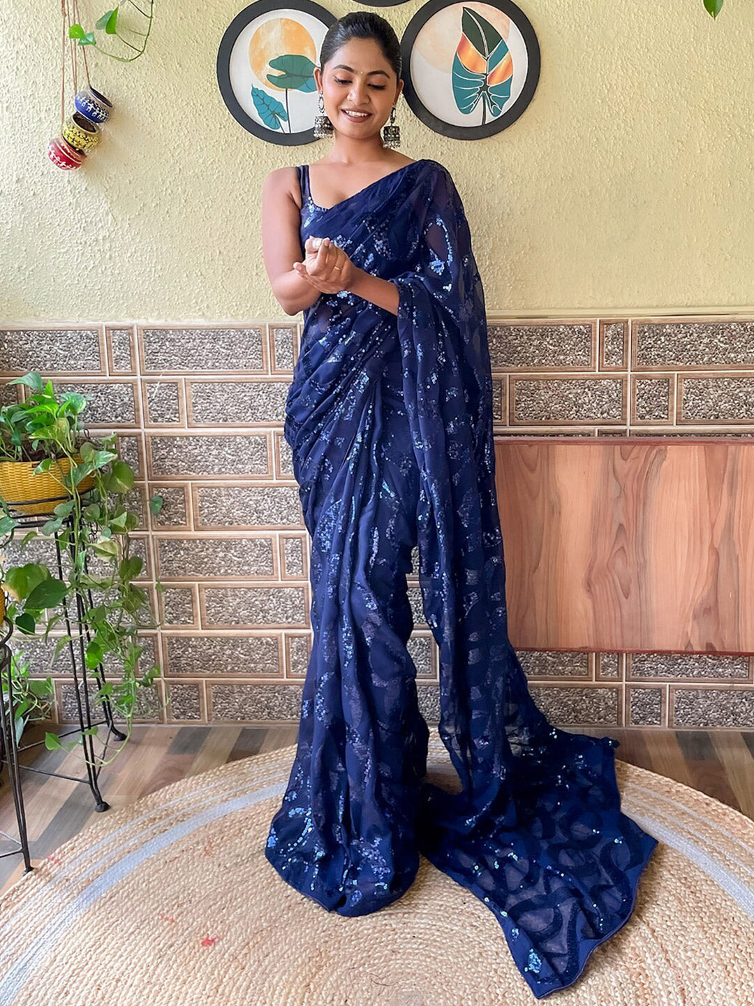 Mitera Navy Blue Embellished Sequinned Pure Georgette Saree - Distacart