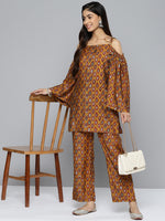 Thumbnail for HERE&NOW Women Ethnic Motifs Printed Cold-Shoulder Kurta with Palazzos - Distacart