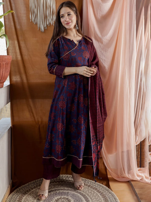 Kalini Women Coffee Brown Ethnic Motifs Printed Gotta Patti Kurta with Trousers & With Dupatta - Distacart
